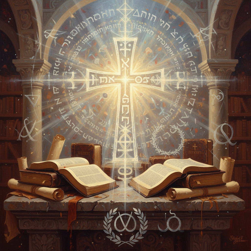 A symbolic image illustrating the deity of Christ, featuring a radiant cross at the center, surrounded by open scriptures and ancient scrolls, conveying divine authority.