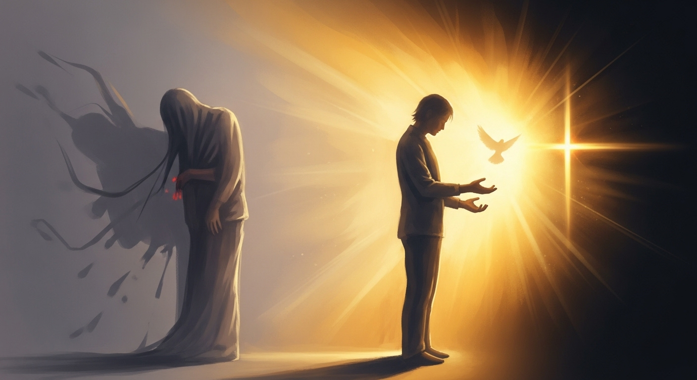 A symbolic image showing a person moving from darkness and struggle into bright, healing light, representing faith-based recovery from illness.