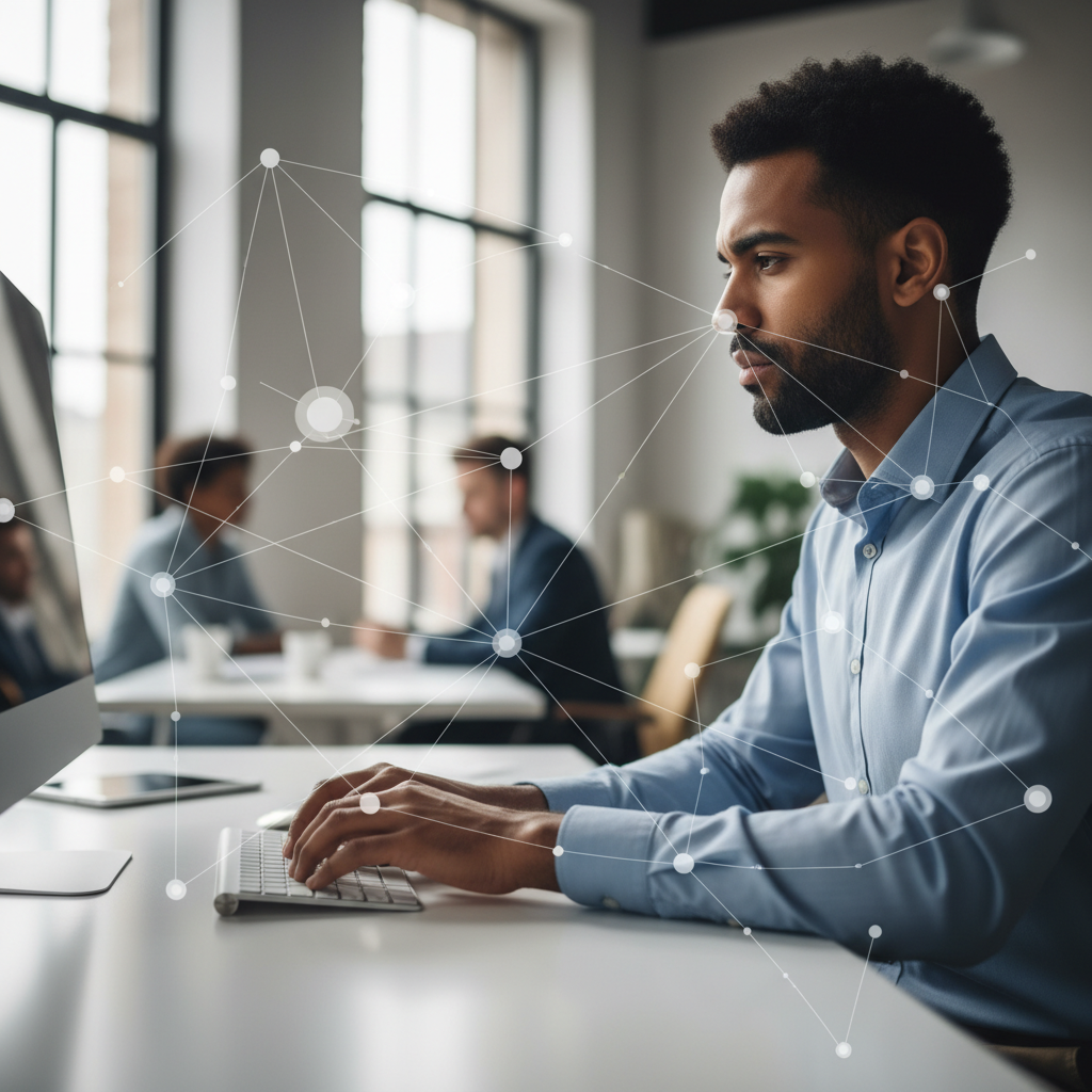 A thoughtful male professional at a desk, symbolizing key skills for success in a modern business environment.