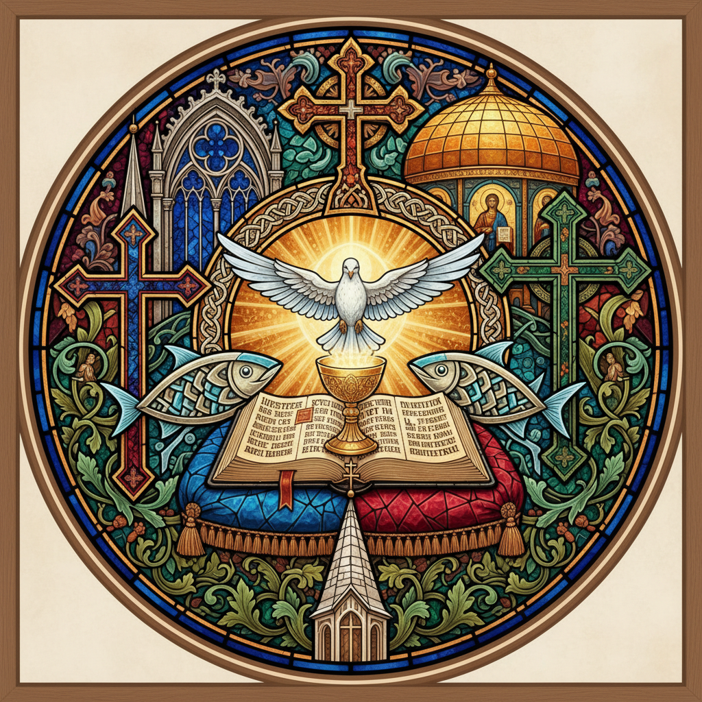 A vibrant mosaic illustrating symbols of diverse Christian traditions, reflecting their rich history and interconnectedness.