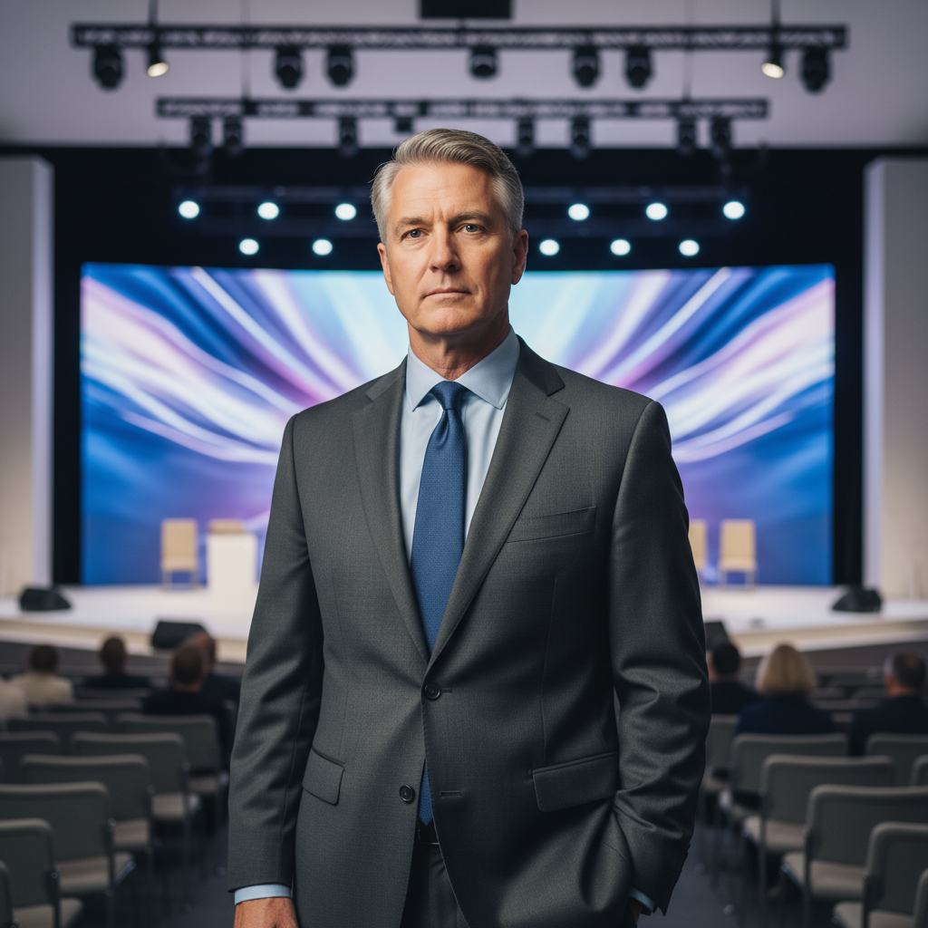 A well-dressed male pastor stands on a modern church stage, looking thoughtful and serious.
