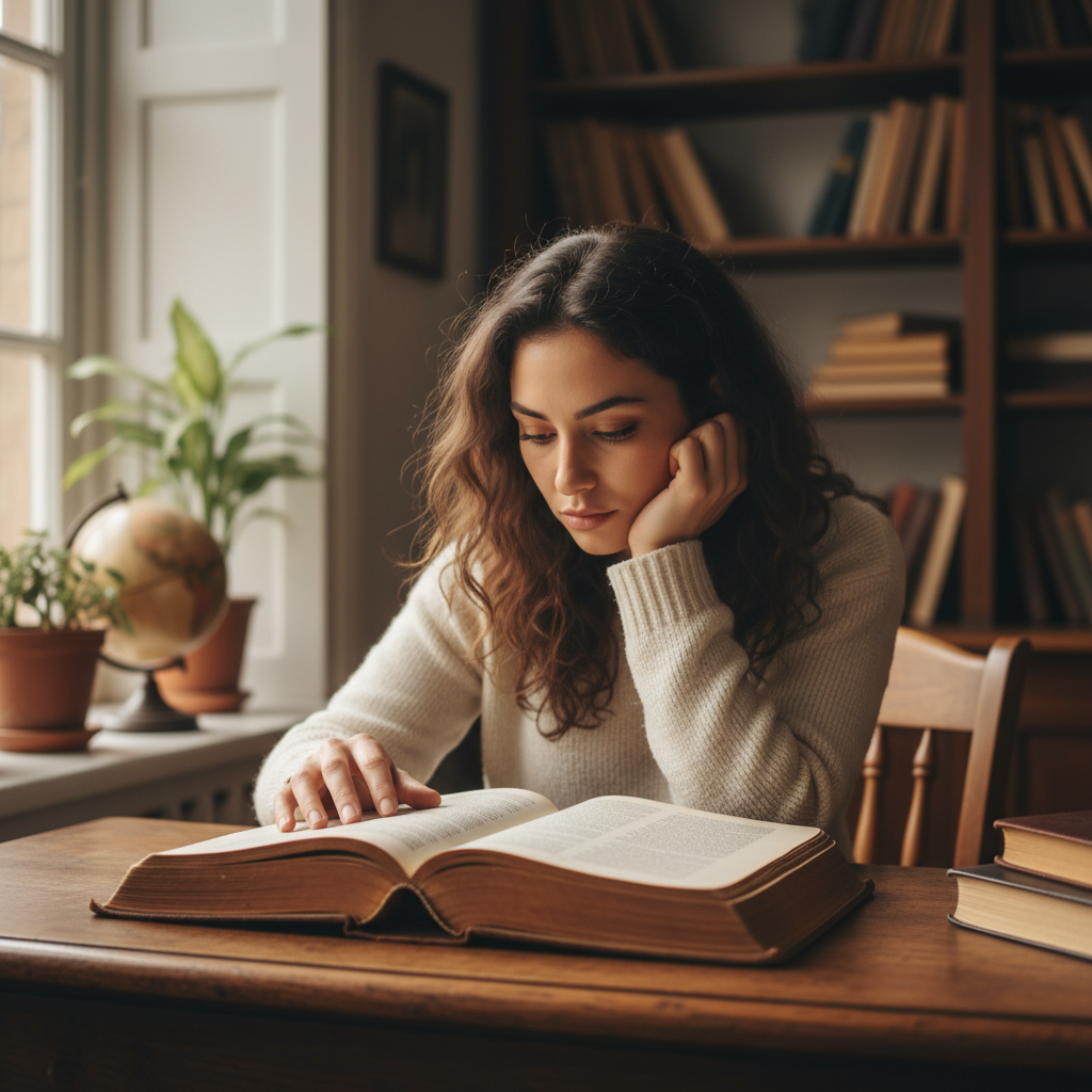 A young adult thoughtfully reading a book, symbolizing growth in wisdom.