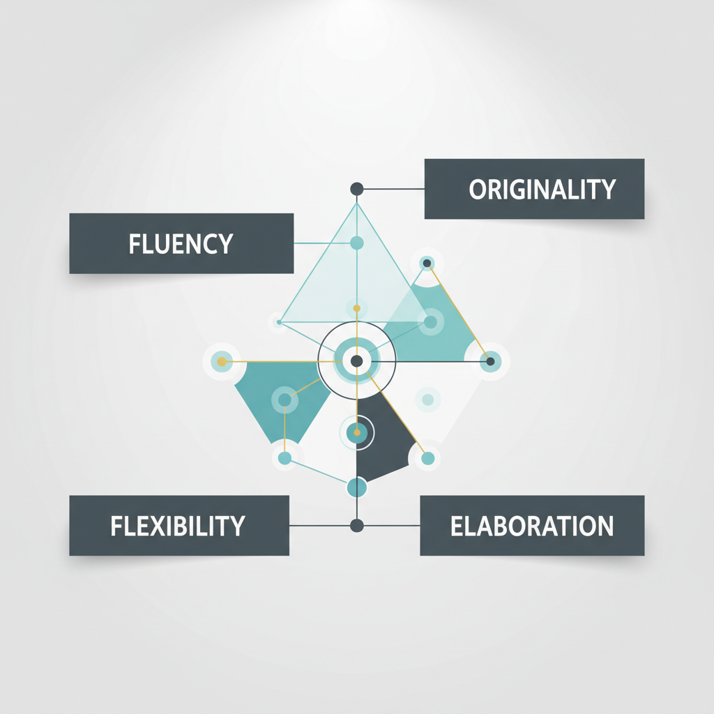 An abstract infographic depicting a competency chart or graph, detailing various creative traits measured by an assessment.
