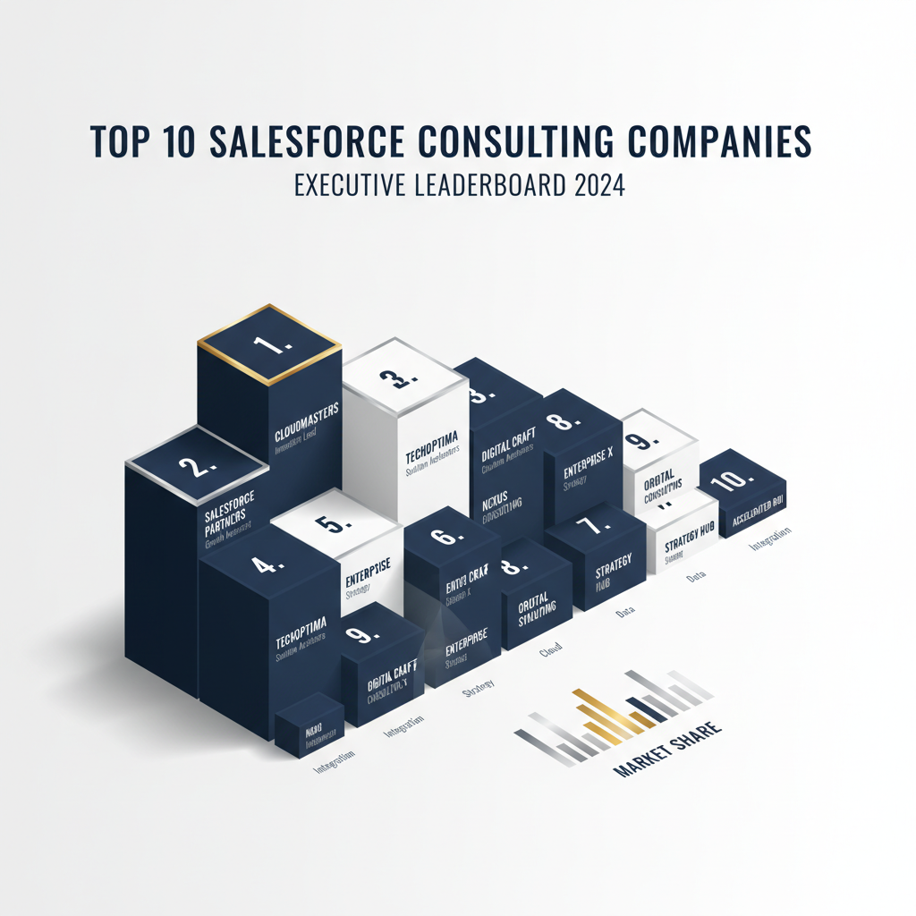 An abstract infographic displaying a premium, minimalist dashboard or tiered list showing the 'Top 10' Salesforce consulting companies for entrepreneurs, using geometric shapes and a sophisticated color scheme.