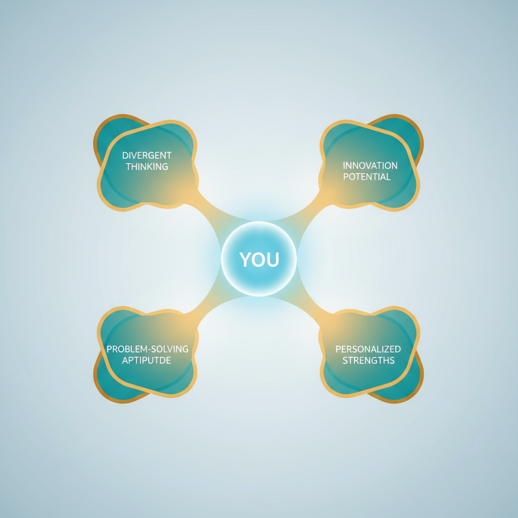 An abstract infographic illustrating a central 'You' node branching out into multiple insights, such as Divergent Thinking and Problem-Solving Aptitude, representing self-discovery through a psychology brain test.