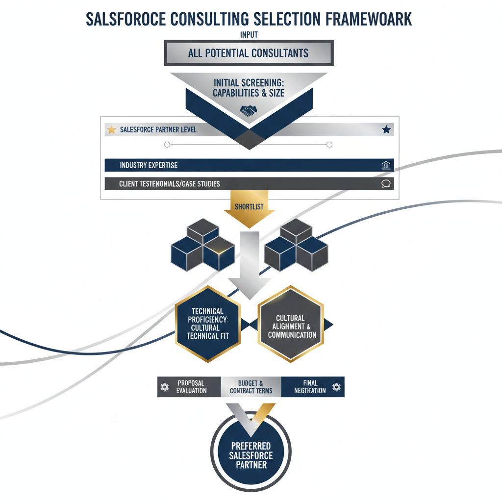 An abstract infographic illustrating a multi-step decision-making funnel or layered framework for choosing the ideal Salesforce consulting company, with various selection criteria highlighted.