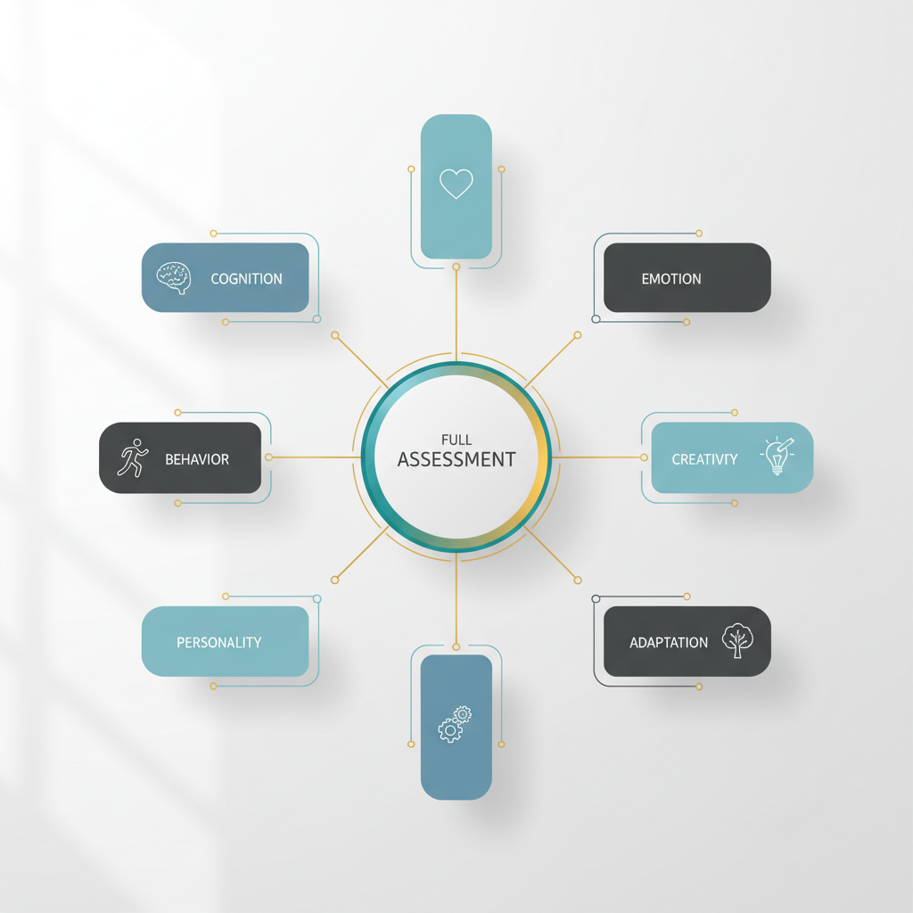 An abstract infographic illustrating a psychological assessment as a central hub with radiating lines connecting to various assessment domains like cognition, emotion, and creativity.