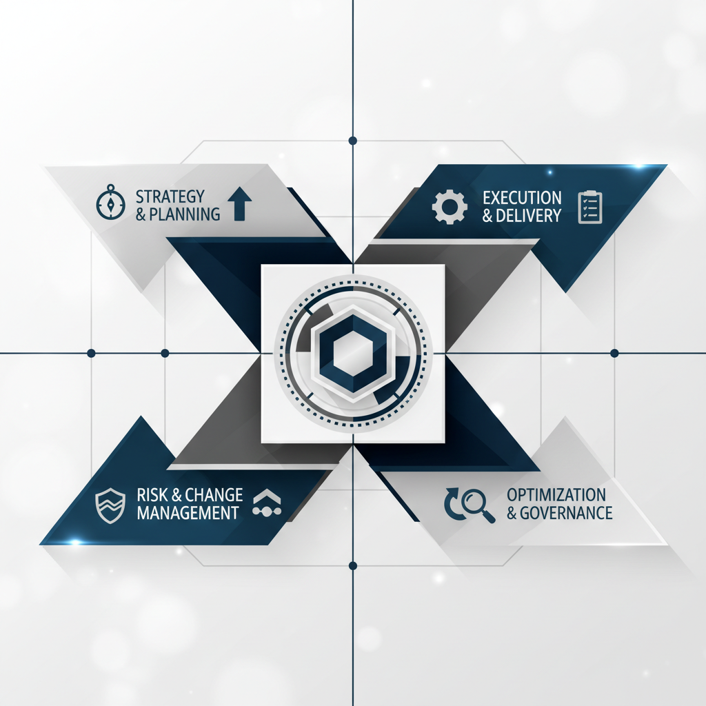 An abstract infographic illustrating core project management consulting services radiating from a central hub with geometric shapes.