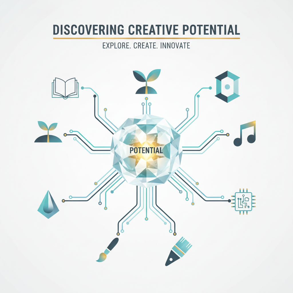 An abstract infographic illustrating creative potential as a central glowing core with multiple branching pathways and radiating ideas, symbolizing exploration and diverse creative outputs.