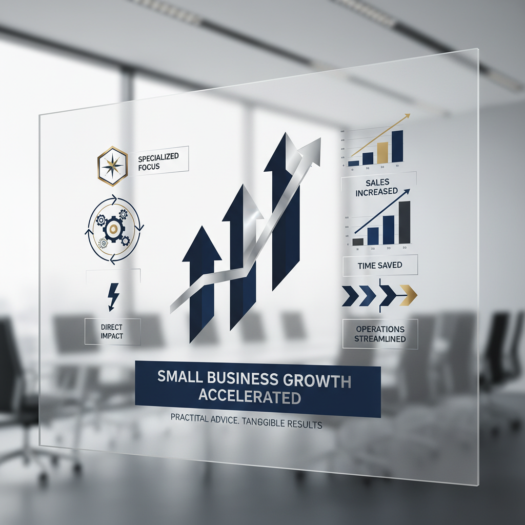 An abstract infographic illustrating the benefits of boutique consulting, showing upward growth arrows and icons for specialized expertise, agility, and direct impact on small business success.