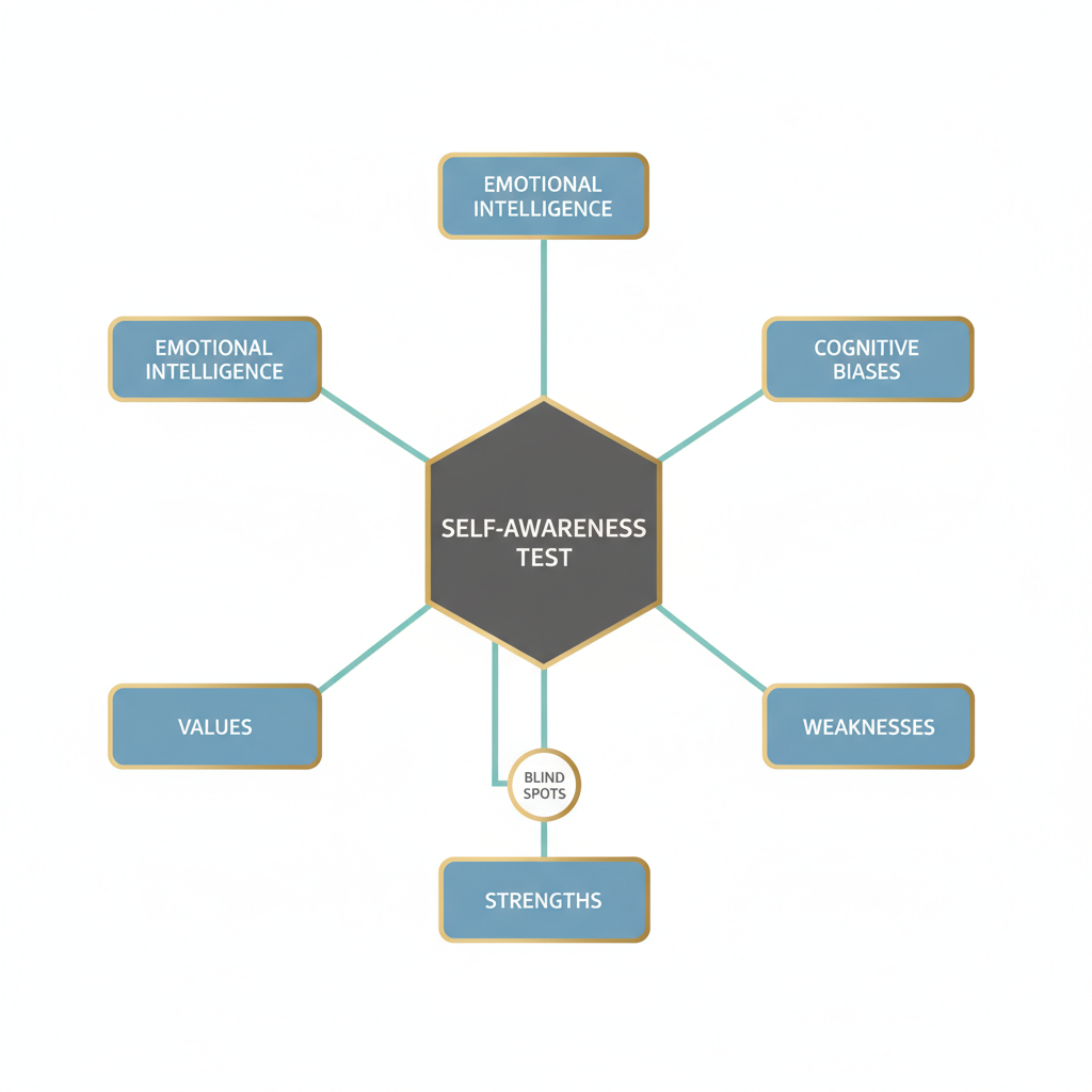 An abstract infographic illustrating the components of a self-awareness test as interconnected geometric shapes in a cognitive network diagram.