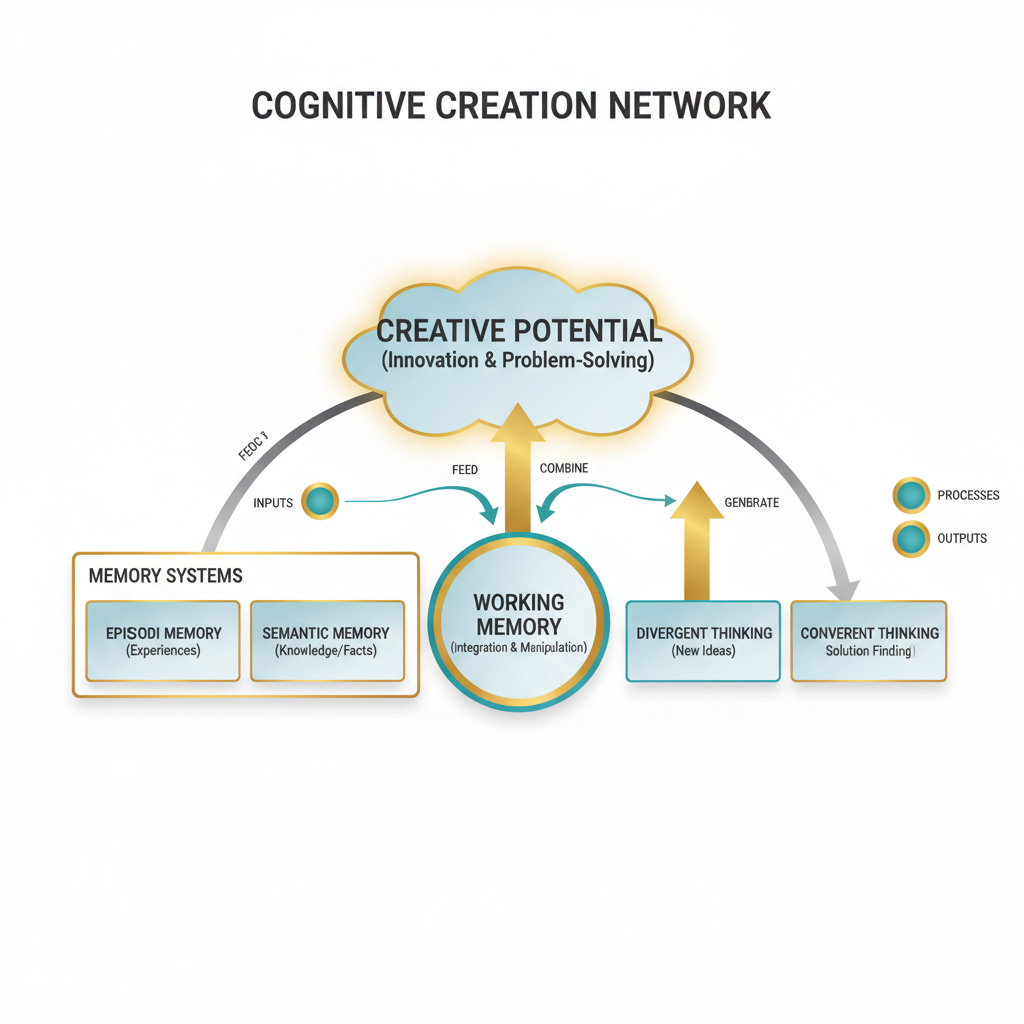 An abstract infographic illustrating the interconnected relationship between memory and creative potential, depicted as a cognitive network diagram with layered pathways and clean geometric shapes.