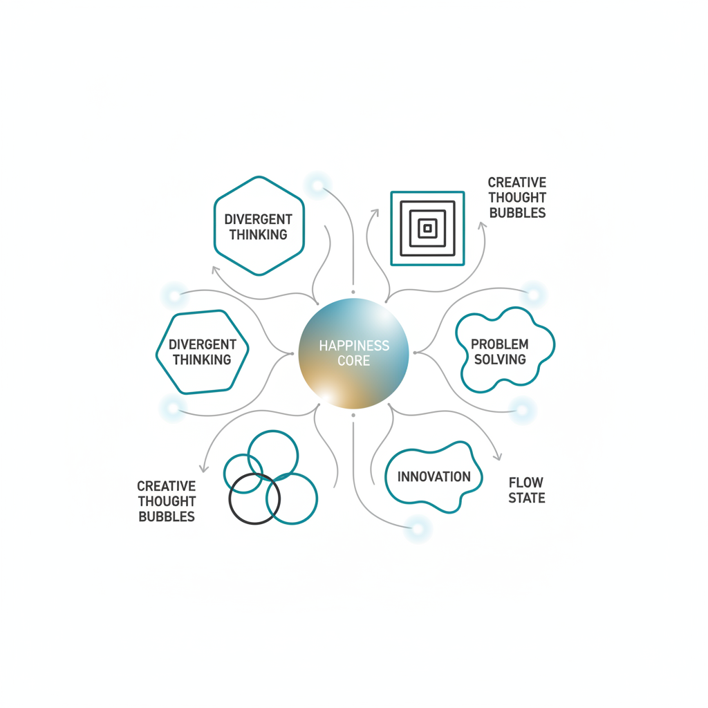 An abstract infographic illustrating the interconnectedness of happiness and creative thought, showing a central happiness core radiating connections to different creative idea clusters.