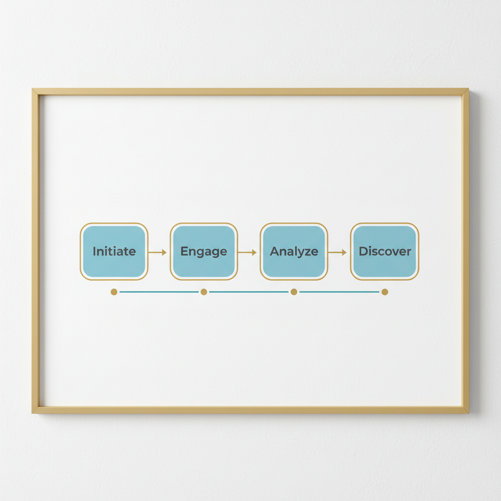 An abstract infographic illustrating the sequential steps of an assessment process using geometric shapes and arrows.