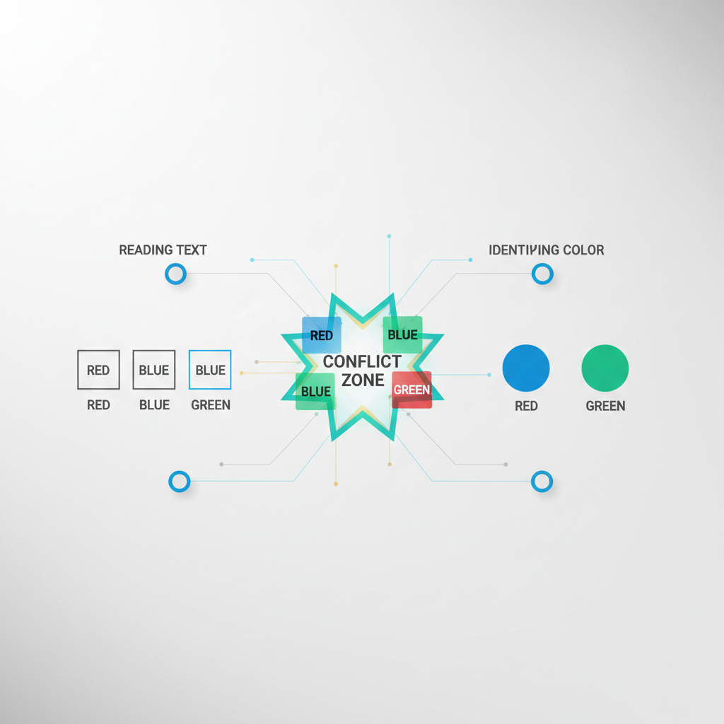An abstract infographic illustrating the Stroop Effect, showing two conflicting cognitive pathways converging into a central interference zone, representing the challenge in processing conflicting information.