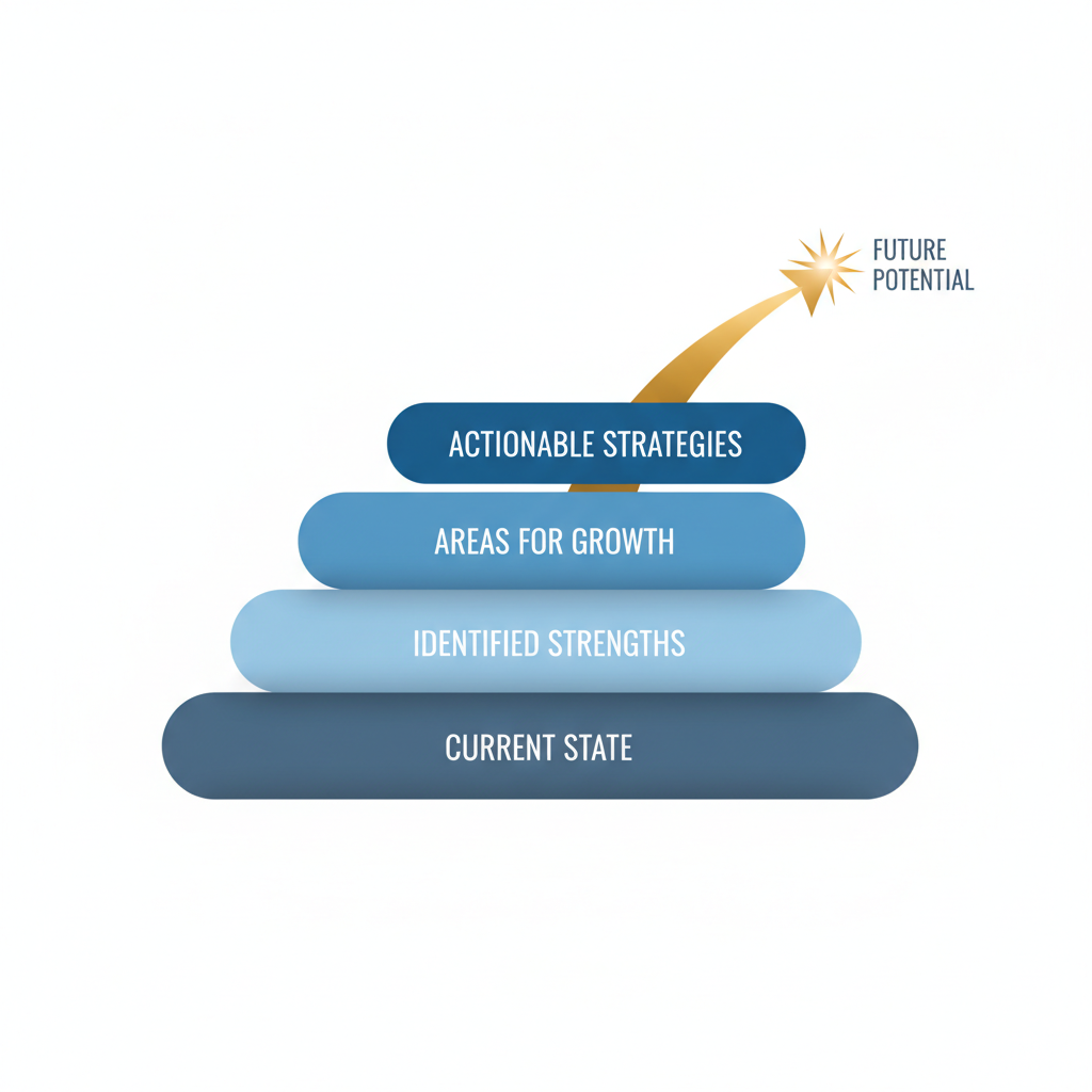 An abstract infographic showing a layered progression from current state to future potential, highlighting identified strengths, areas for growth, and actionable strategies from test results.