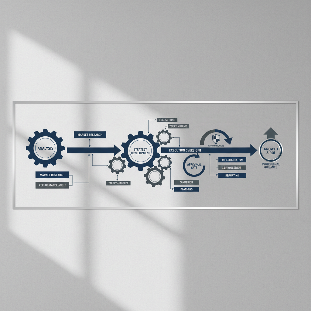 An abstract infographic showing a multi-stage workflow, representing the strategic analysis, planning, and execution functions of a marketing consultant.