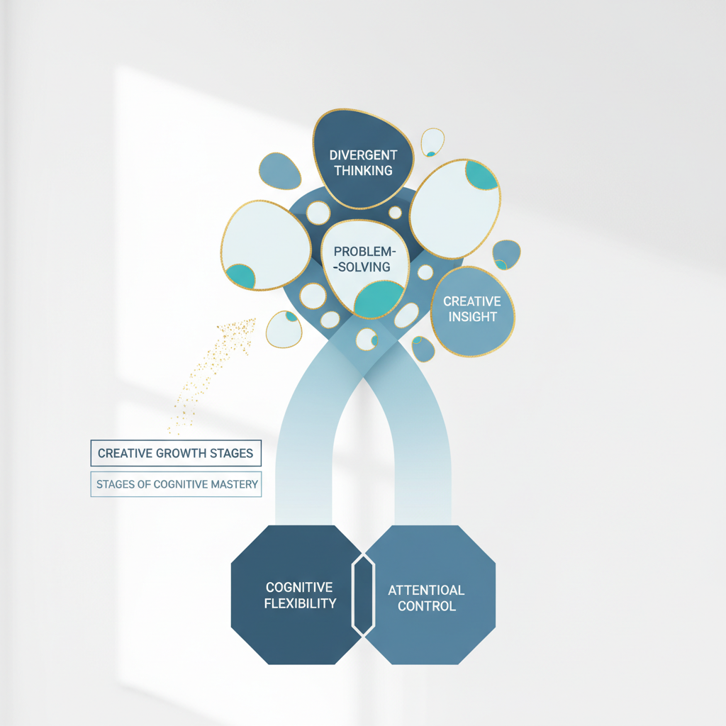 An abstract infographic showing a progression from cognitive flexibility and attentional control, enhanced by understanding the Stroop Effect, to boosted creative thinking, problem-solving, and insight.