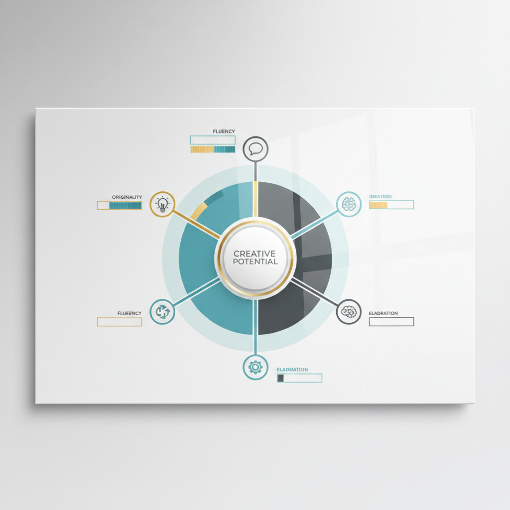 An abstract infographic showing a radial chart with segments representing different measurable aspects of creative potential, like originality and flexibility, highlighted with accent colors.