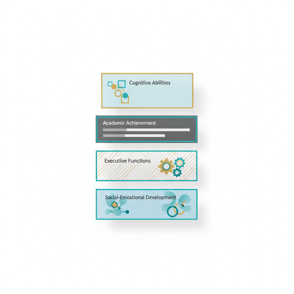 An abstract infographic showing a structured competency map with distinct sections representing various components of a psycho educational evaluation such as cognitive abilities and academic achievement.