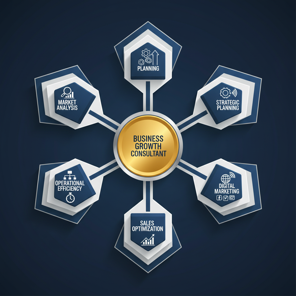 An abstract, layered infographic visualizing the key responsibilities of a Business Growth Consultant, with strategic pillars like market analysis, planning, operations, marketing, and sales radiating from a central point.