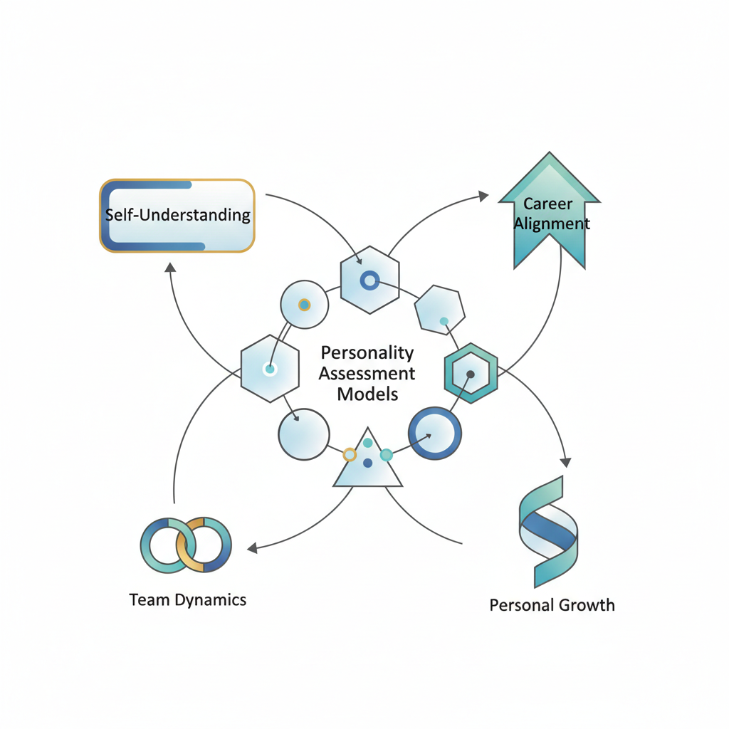 An abstract network diagram showing the concept of personality assessment models at its center, with lines connecting to various benefits like self-understanding, career alignment, and personal growth.