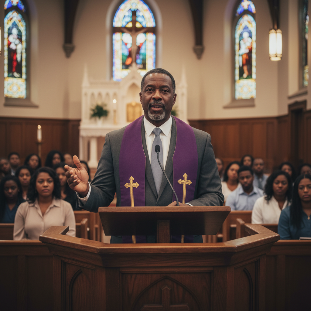 An African American pastor delivers a sermon from a pulpit to an attentive congregation.