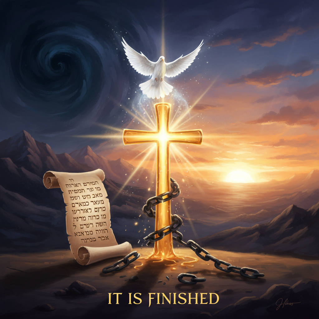 An allegorical image featuring a luminous cross surrounded by symbols of redemption: broken chains, a flying dove, and light vanquishing darkness.