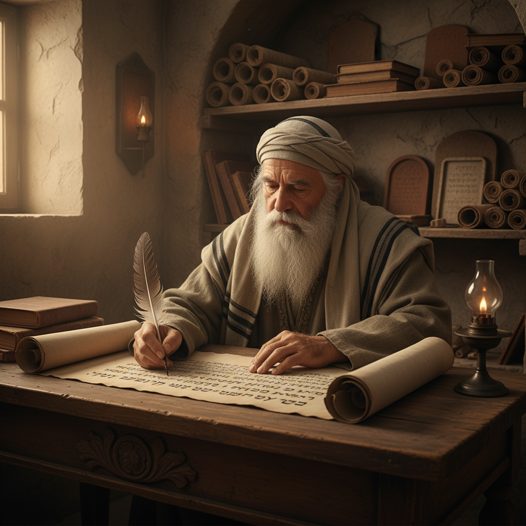 An elderly Jewish scribe writing on a scroll, surrounded by ancient texts, symbolizing the author Jesus, son of Sirach.