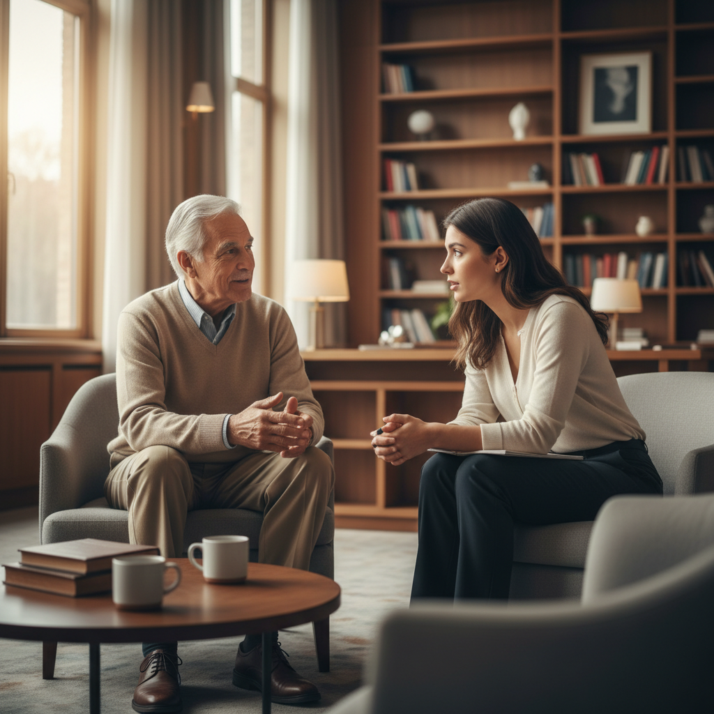 An elderly man and a young woman having a thoughtful conversation in a bright, modern setting.
