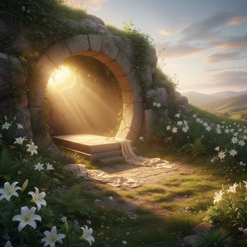 An empty stone tomb at dawn, illuminated by golden light and surrounded by new growth, symbolizing the resurrection of Jesus Christ.