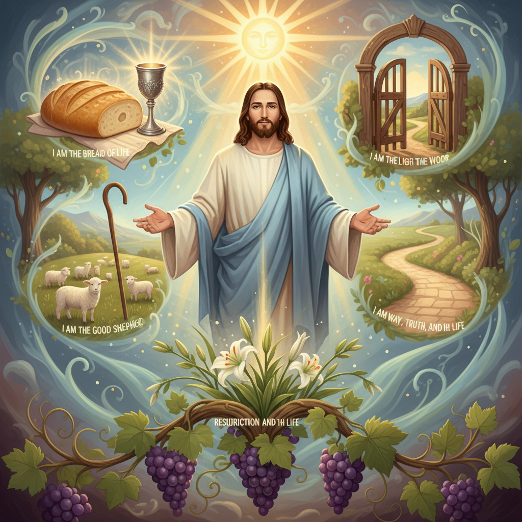 An image of Jesus surrounded by symbolic representations of his '7 I Am' statements: bread, light, a door, a shepherd, a vine, a path, and new life.