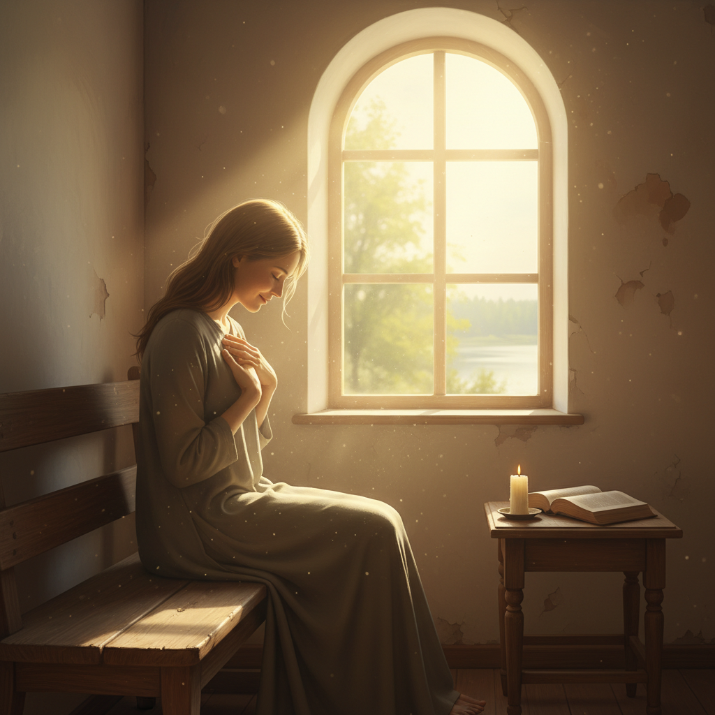 An individual praying or contemplating, bathed in a gentle, warm light, symbolizing the experience of Jesus' love and peace.