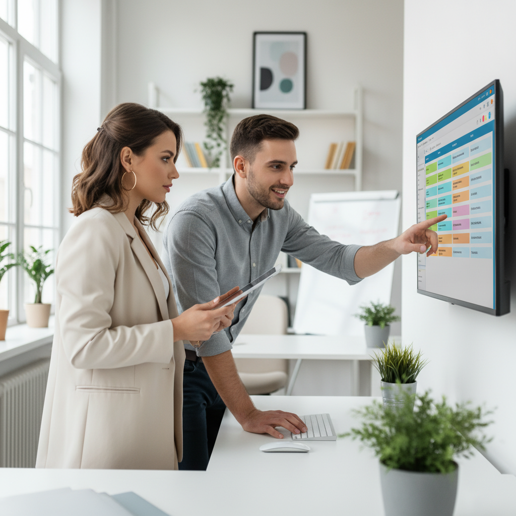An influencer and an admin assistant collaborating on a content calendar in a modern office.