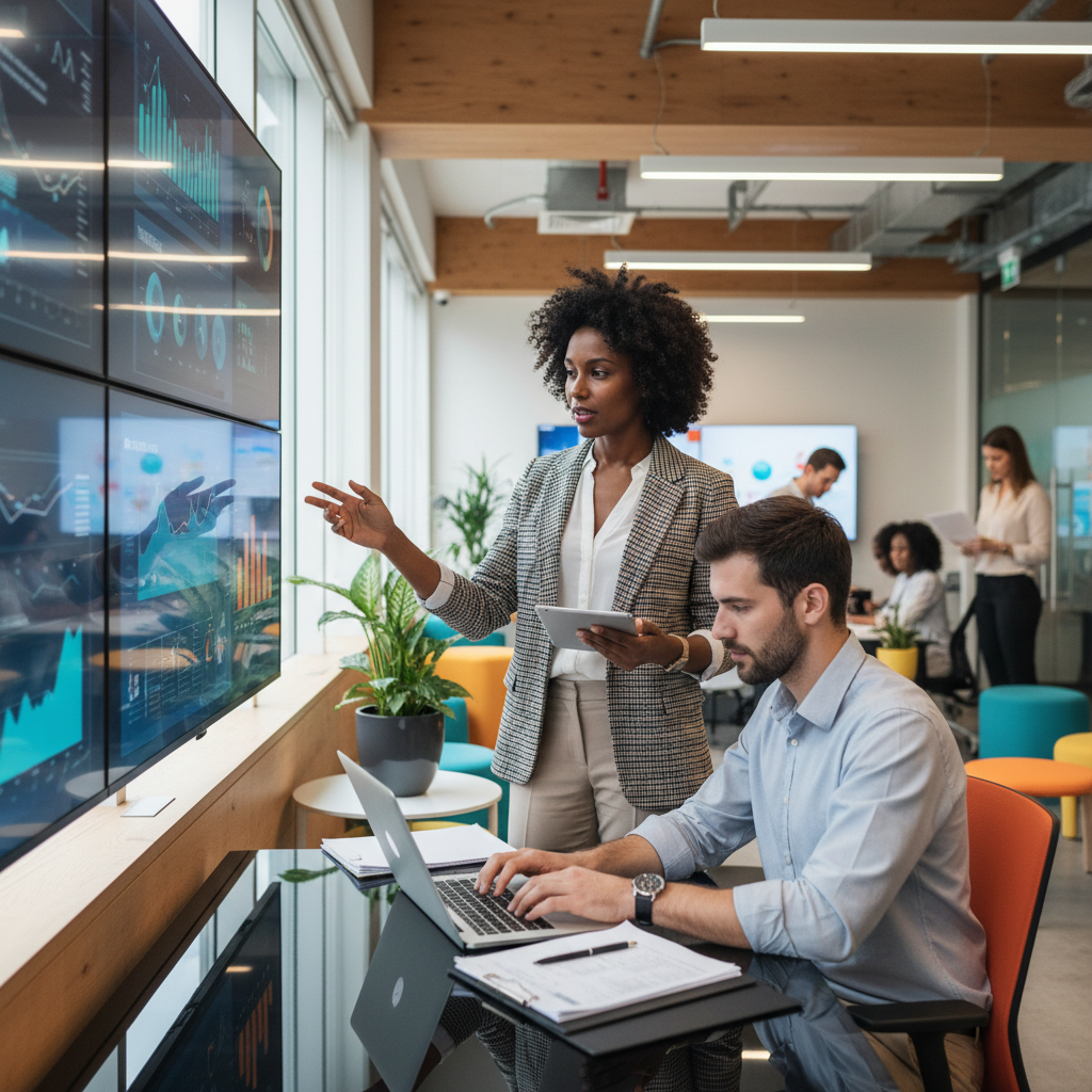 An influencer and her assistant working efficiently in a modern office, symbolizing productivity and growth.