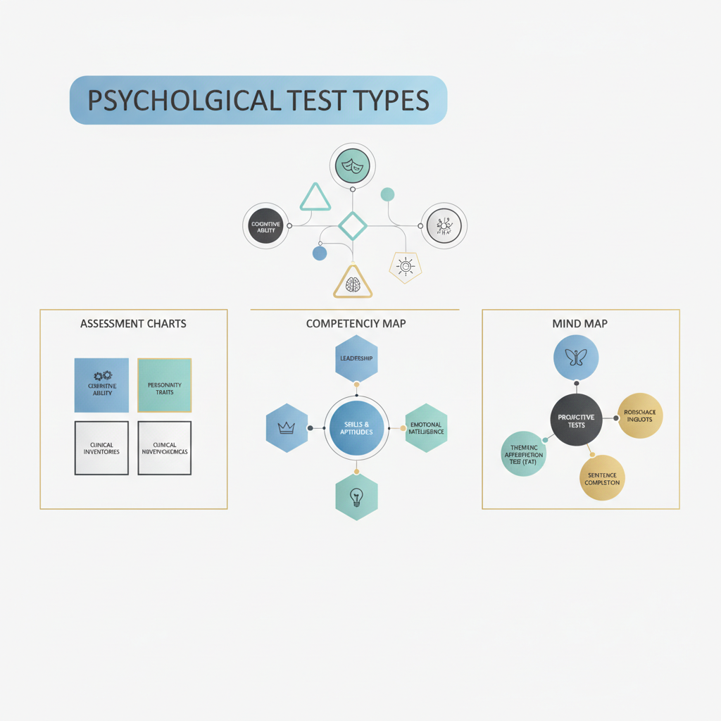 An infographic categorizing common psychological test types using a structured, abstract diagram with distinct sections.
