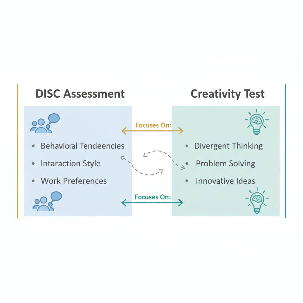 An infographic comparing a DISC assessment, focusing on behavioral tendencies, with a creativity test, focusing on divergent thinking and problem-solving.
