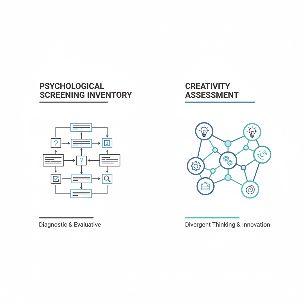 An infographic comparing a psychological screening inventory, depicted as a rigid structure, with a creativity assessment, shown as a dynamic, interconnected network.