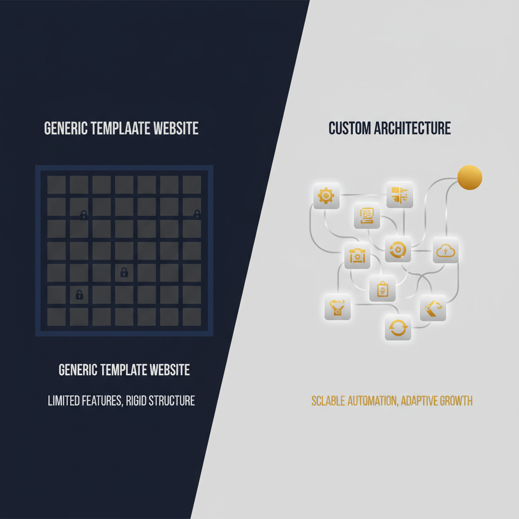 An infographic comparing a restrictive website template with a dynamic custom website architecture, highlighting limitations versus integrated automation and growth potential.