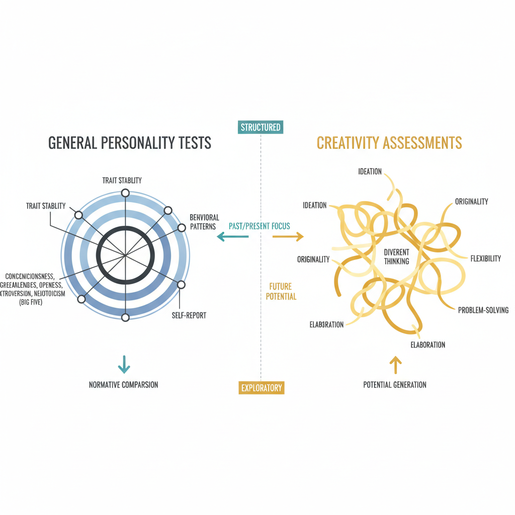 An infographic comparing general personality tests and creativity assessments using two distinct, interconnected conceptual diagrams.
