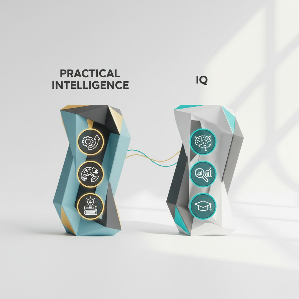 An infographic comparing Practical Intelligence and IQ, showing their distinct characteristics through two abstract, geometric pillars with conceptual icons.