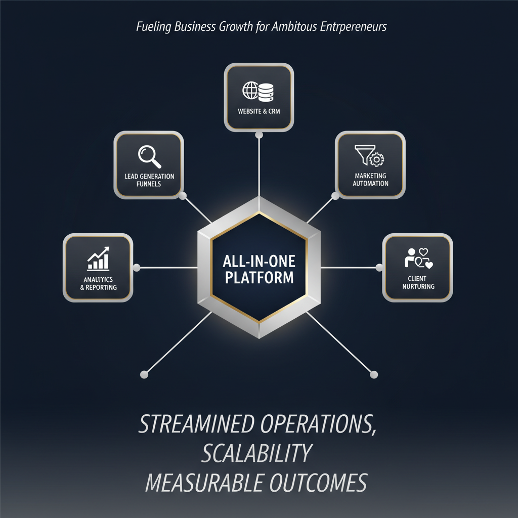 An infographic depicting a central 'All-in-One Platform' hub with radiating connections to various business functionalities like 'Website & CRM', 'Lead Generation Funnels', and 'Marketing Automation', illustrating integrated growth solutions.
