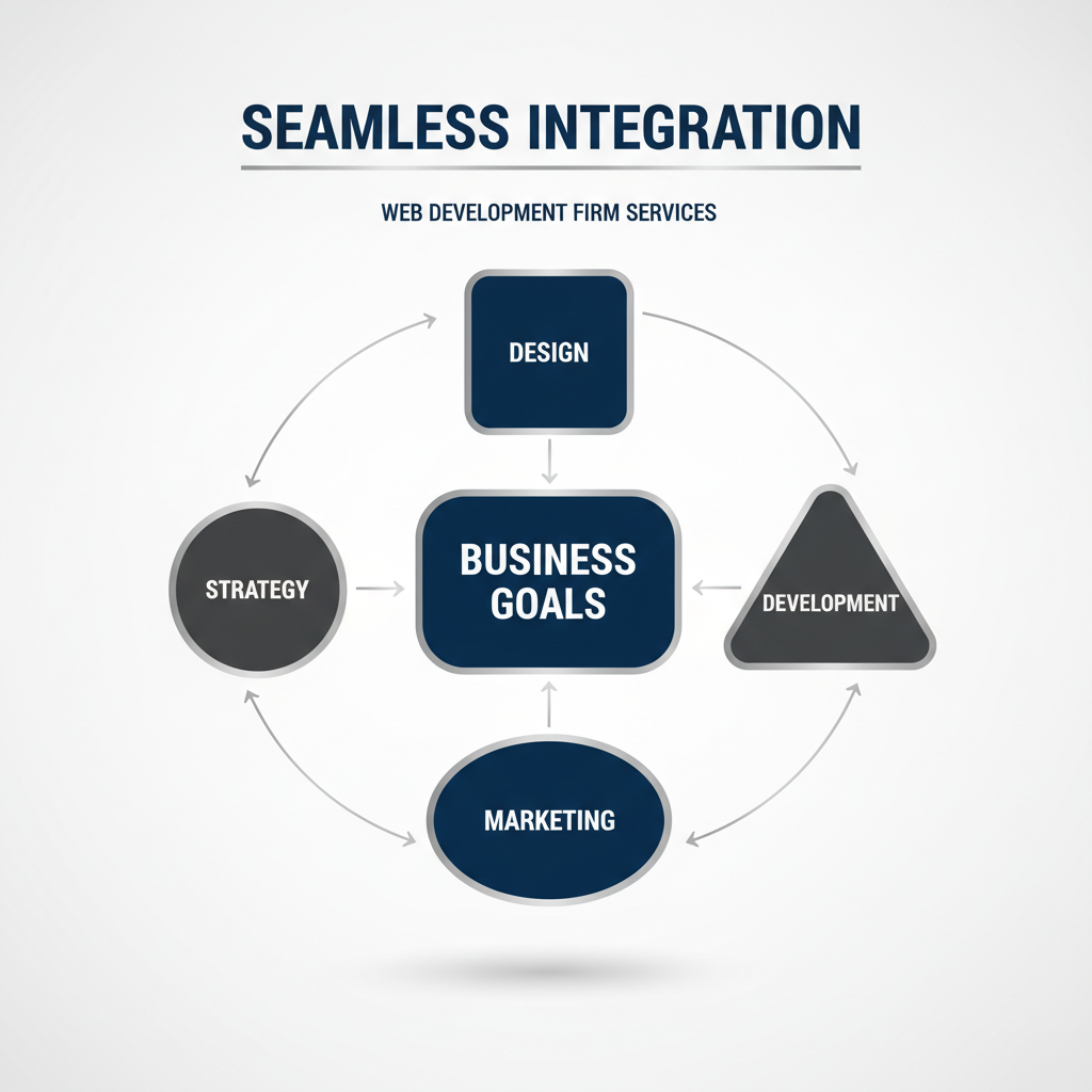 An infographic depicting a central 'Business Goals' icon connected by lines to several geometric shapes representing different web development firm services, illustrating integration and synergy with navy, white, charcoal, and gold accents.
