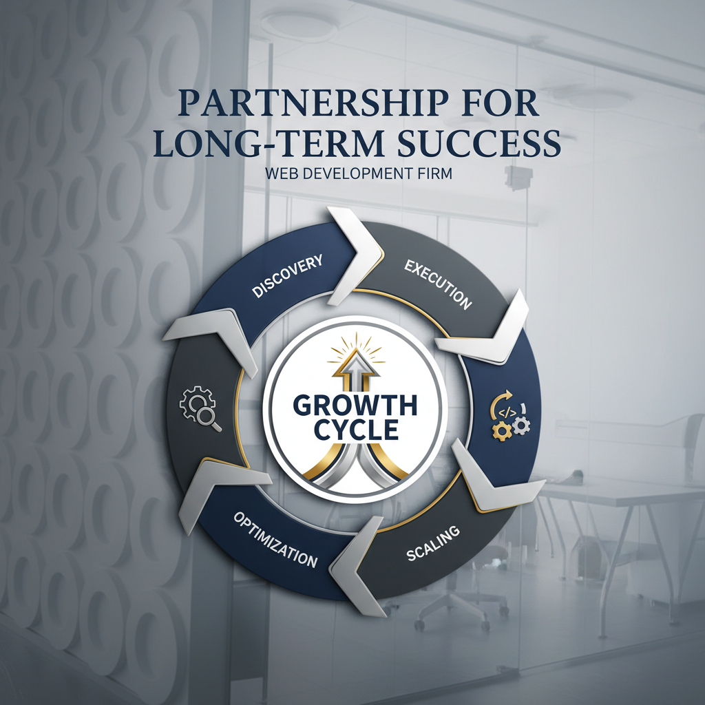 An infographic depicting a multi-stage progression chart or cyclical workflow, with geometric shapes representing 'Discovery', 'Execution', 'Optimization', and 'Scaling', connected to an elevated 'Success' icon, using navy, white, charcoal, and silver accents to show long-term partnership.