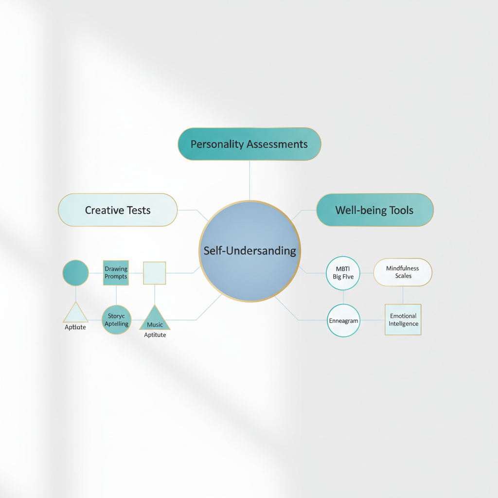An infographic depicting a network diagram with a central concept of self-understanding, branching out to different categories of specialized and applied tests, like creativity and personality assessments.