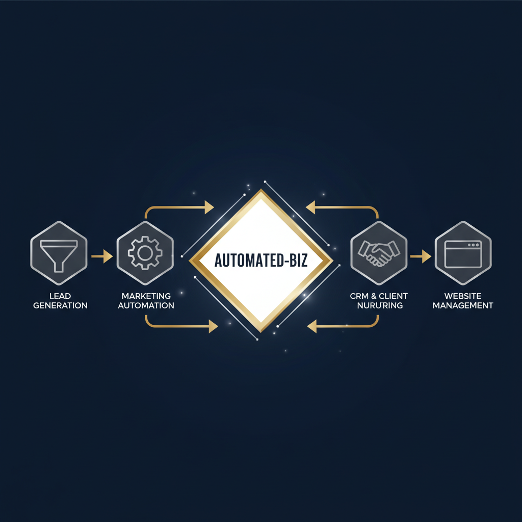 An infographic depicting an automated workflow diagram with modules for 'Lead Generation', 'Marketing Automation', 'CRM', and 'Website Management' converging into a central 'Automated-Biz' hub, illustrating integrated ecommerce solutions.