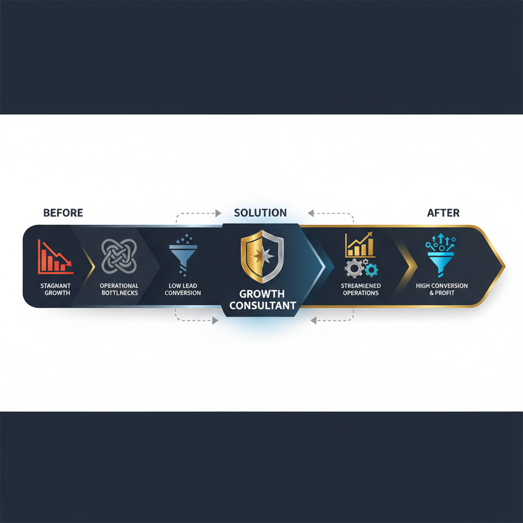 An infographic depicting common business challenges and pain points, visualized as obstacles on a growth trajectory, with the solution of hiring a growth consultant leading to upward progression and success.