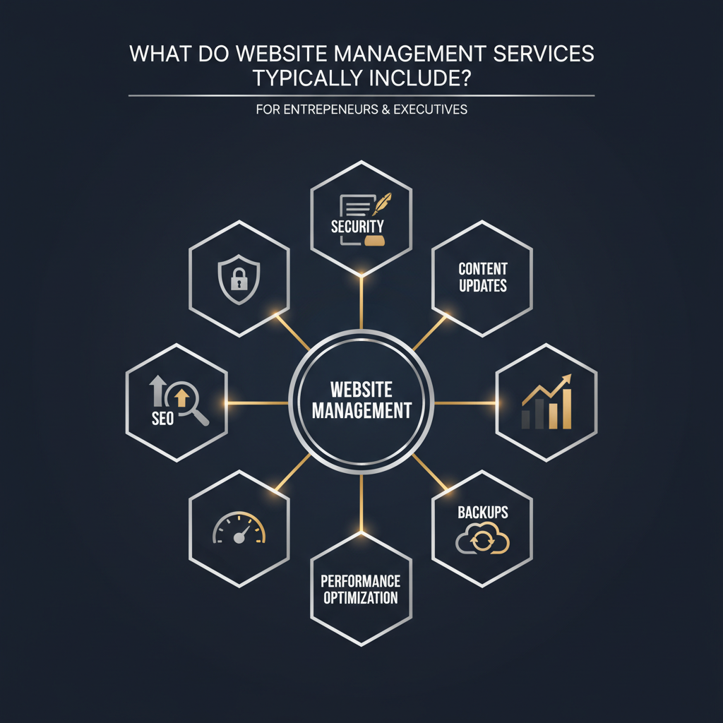 An infographic diagram illustrating the core components and interconnected services typically included in comprehensive website management.