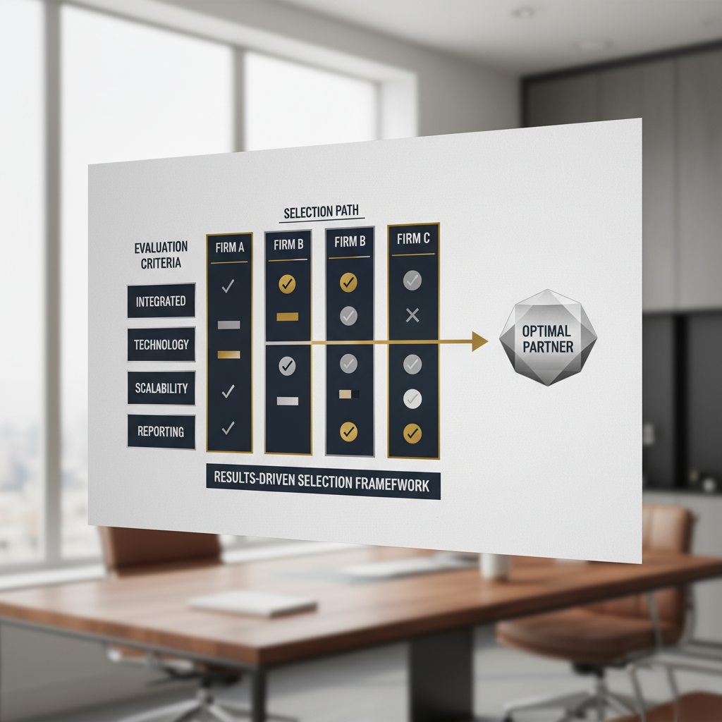 An infographic displaying a comparison matrix or decision flow, with key criteria such as 'Expertise', 'Integrated Services', and 'Technology Integration' listed, guiding the selection of a marketing strategy consulting firm.