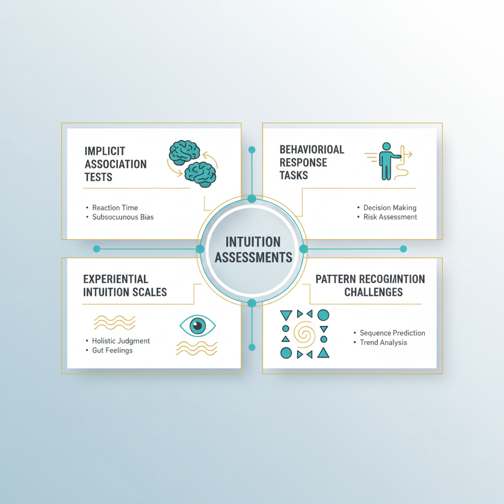 An infographic displaying a structured chart or map categorizing different types of intuition tests, with distinct sections for each test kind and symbolic representations.